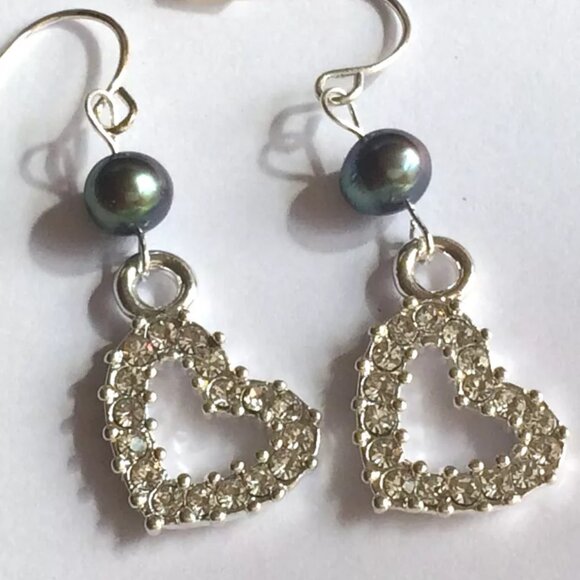 Black Tahitian Pearl Heart Earrings Silver Plated Crystal Dangle Bridal Love - Picture 1 of 11